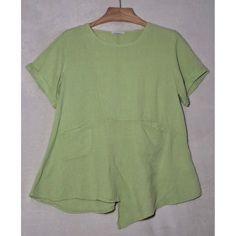 Made In Italy Linen Tunic Blouse Lime Green M Lagenlook Top Asymmetric Paneled
